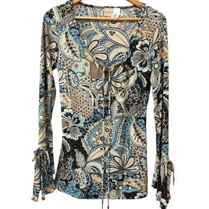 Teal, brown y2k 90s beautiful boho top with bell sleeves, large